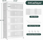 150Gal Stackable Storage Bins with Lid and Wheels, 600QT Plastic Collapsible Storage Boxes with Doors, Closet Organizer and Storage Cabinet for Home Kitchen Office Dorm Room, 5Pack White