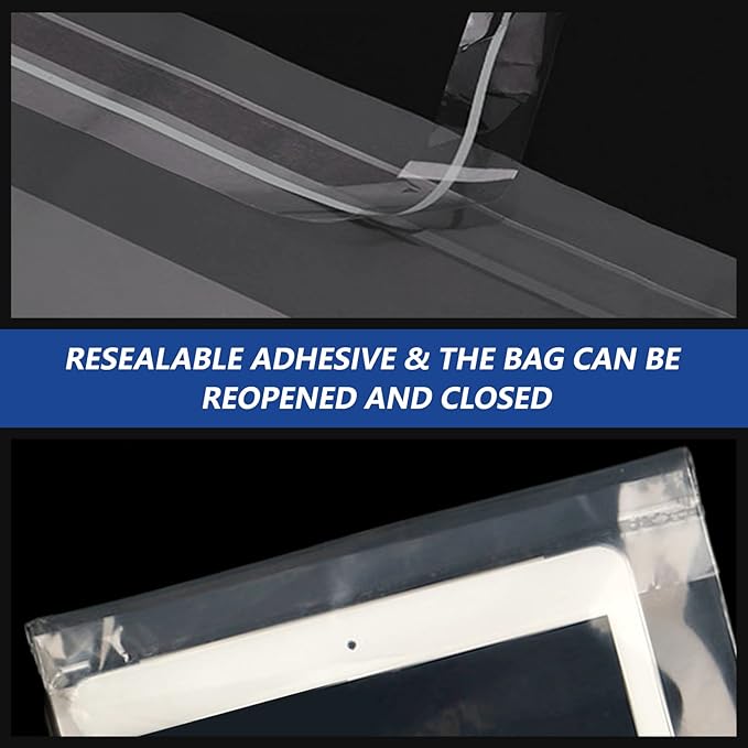 iMailer - 200 Count - 13" x 15" Clear Plastic Poly Bags with Suffocation Warning for Clothing, T-Shirts, Pants-Resealable Adhesive,Not Strong