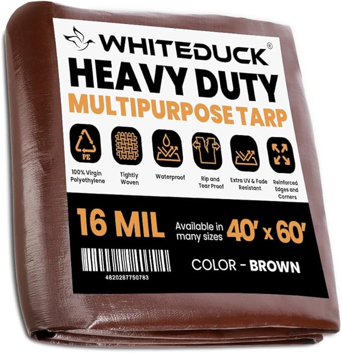 WHITEDUCK Super Heavy Duty Poly Tarp Cover 16 Mil & 10 Mil with Grommets and Reinforced Edges (Brown, White & Silver Black) (Brown- 16 Mil, 40' x 60')