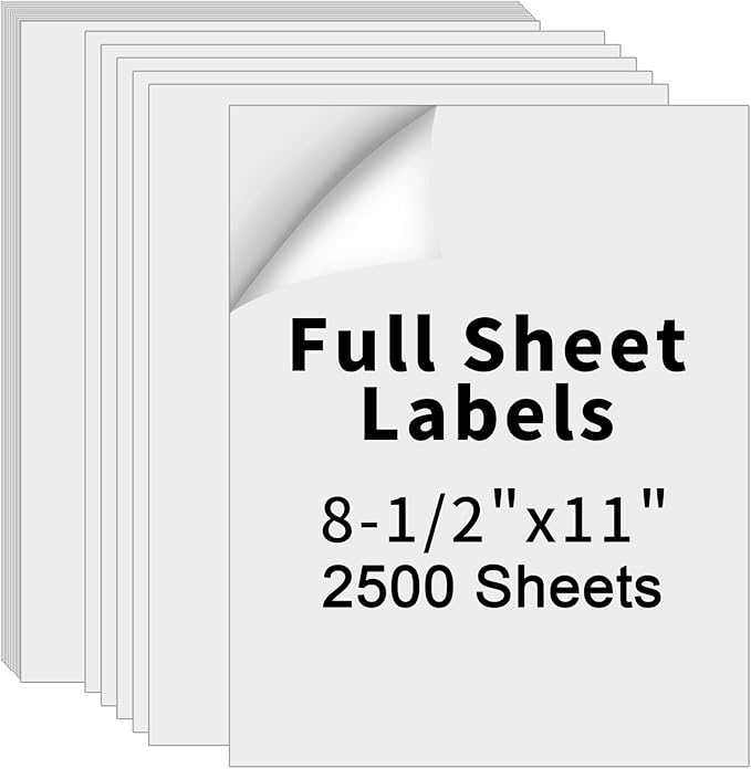 8.5" x 11" Full Sheet Label Sticker Paper for Laser & Inkjet Printers, Self Adhesive Full Page Shipping Labels, Printable White Matte Mailing Label Stickers(2500 Sheets, 2500 Labels)