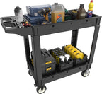 2 Tier Plastic Rolling Cart Utility Cart on Wheels, Heavy Duty Tool Carts with Ergonomic Storage Handle and Deep Shelfs, Work Cart Service Cartss for Garage, Warehouse, Workshop, Office, Cleaning