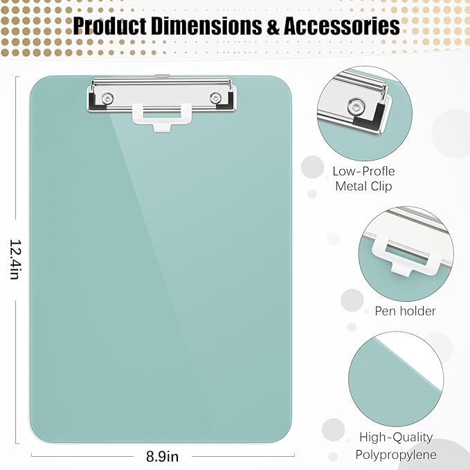 Hongri Plastic Clipboard with Pen Holder, Green 8.5x11 Letter Size Clip Board for Classroom, Office, Students, Nurses and Women, Low Profile Clip, Size 12.5 x 9 in