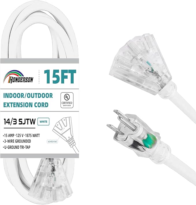 3-Outlets Indoor Outdoor Extension Cord Weatherproof with Lighted End, UL Listed, 14 Gauge 15FT White 3 Prong Heavy Duty, 14/3 SJTW 15A Power Cord