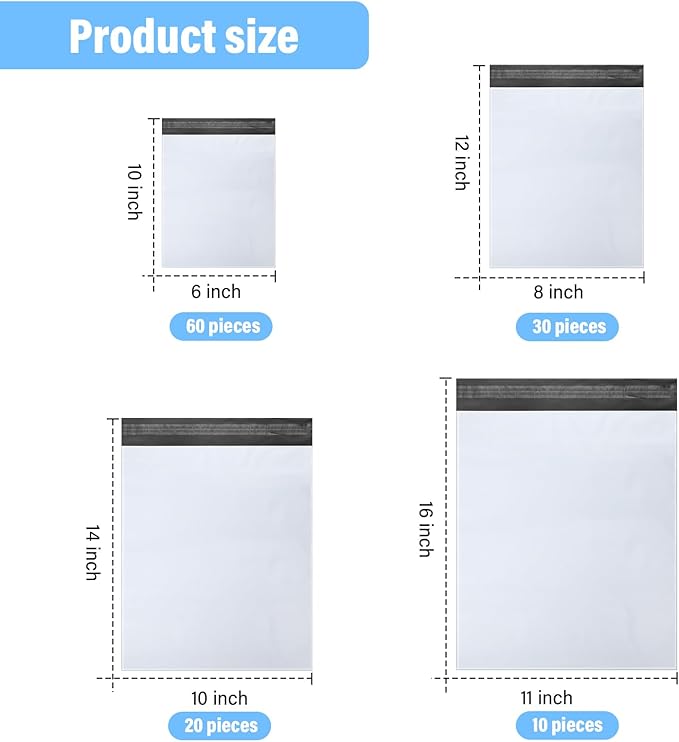 Outus 120 Pcs Poly Mailer Envelope 4 Sizes Shipping Bags Self Adhesive Clasp Envelope Self Adhesive Tear Proof Mailing Covers(6 x 10 In, 8 x 12 In, 10 x 14 In, 11x 16 in,White)