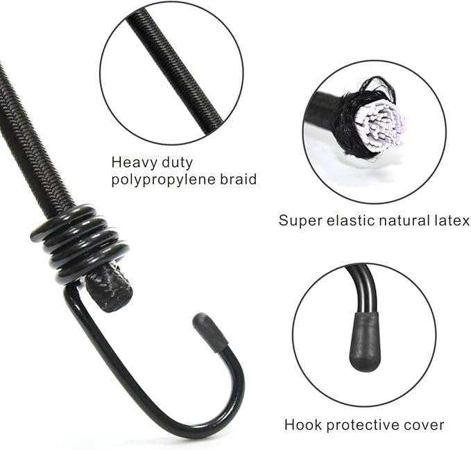 Bungee Cords with Hooks, Heavy Duty Outdoor Elastic Bungee Straps，No Odour Industrial Grade Bungee Rope for Securing Tarps, Luggage, Tents, Bikes or Garden Tidying 48inch 4Pcs (Black)