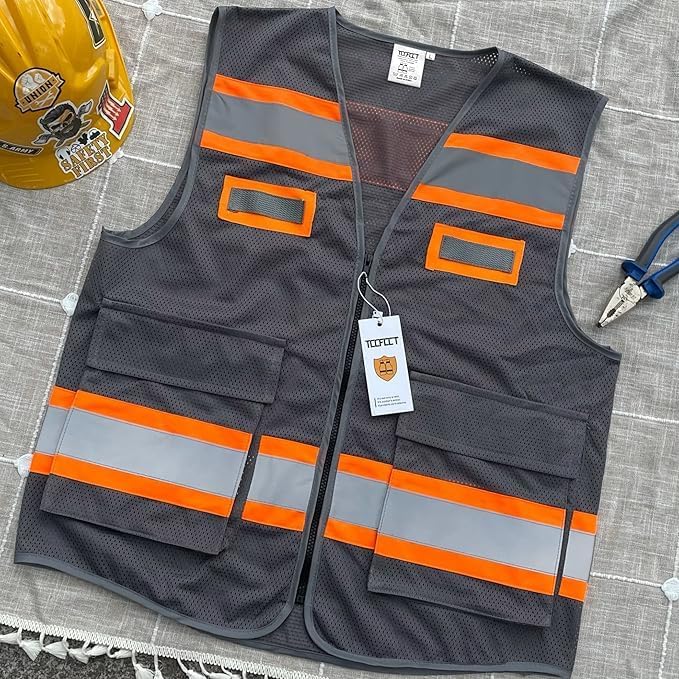 TCCFCCT Mesh Safety Vest with Front Zipper High Visibility Reflective Vest for Men Women, Construction Work Vest for Surveyors, Drivers and Warehouse, Meets ANSI/ISEA Standards, Grey, L