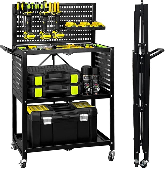 Lumizone Foldable Tool Cart with Wheels Rolling Utility Service Cart with Pegboard for Power Tool Organization Garage Organizer Storage on Wheels Heavy Duty Folding Design (Tool Cart)