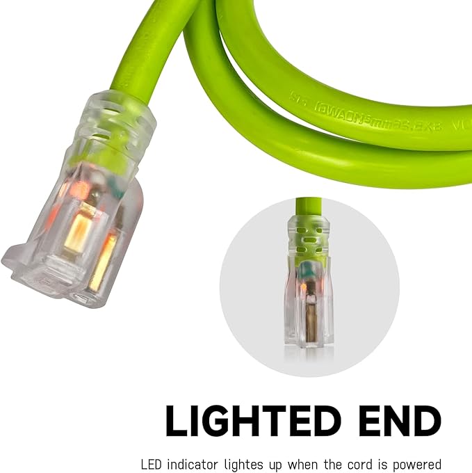 EP 10 Ft Lighted Outdoor Extension Cord - 10/3 SJTW Heavy Duty Green Extension Cable with 3 Prong Grounded Plug for Safety, UL Listed