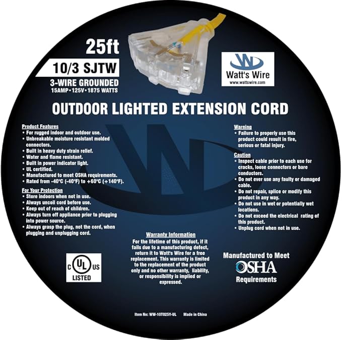 25 ft 10 Gauge Extension Cord - Outdoor Extension Cord Waterproof - Heavy Duty Outdoor Extension Cords 25 ft with Multiple Outlets - Watts Wire - 25' Grounded - extensiones electricas