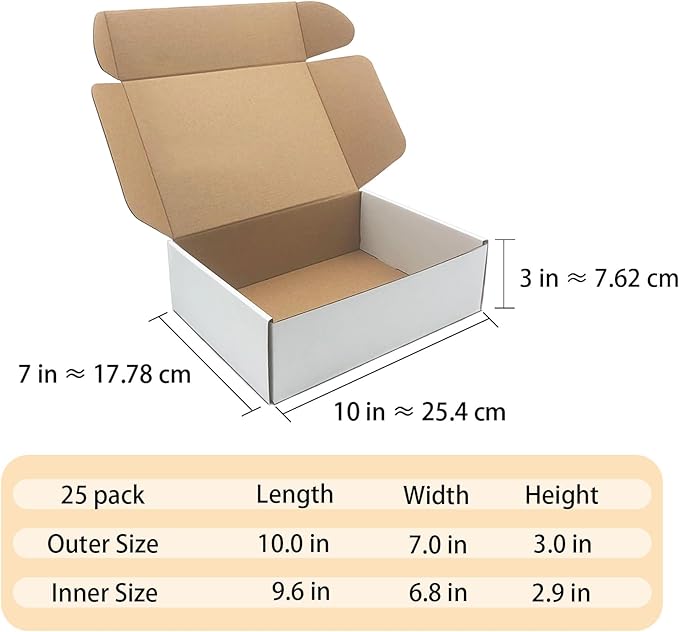10x7x3 inch Shipping Boxes Set of 25，White Corrugated Cardboard Box for Mailing Literature Mailer Small Business Shipping Packing Gifts Digest Size Book Giving Products (10 x7 x 3 Inches)