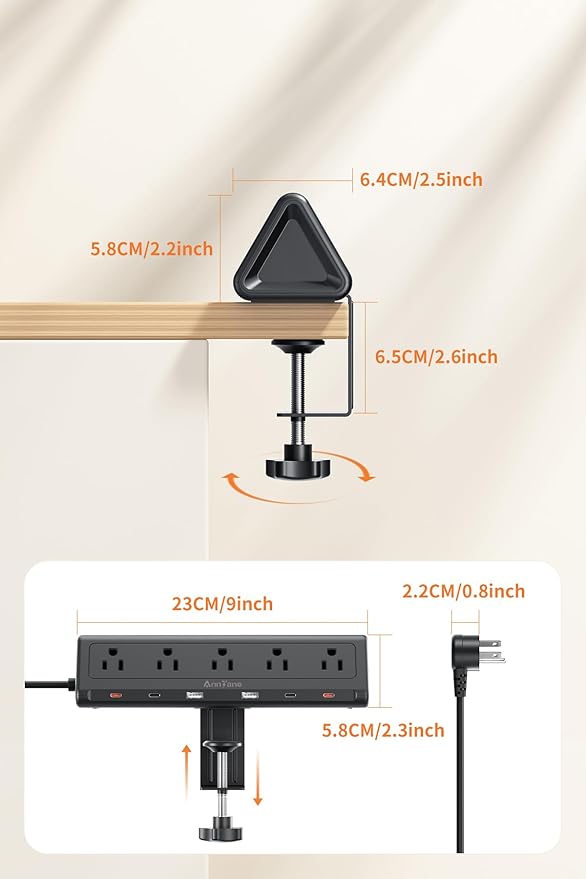 6.5 FT Desk Clamp Power Strip with 5 AC Outlets & 6 USB Ports PD 40W USB-C Fast Charging, 1250J Surge Protector, Fits 2.6 in top Edge Black
