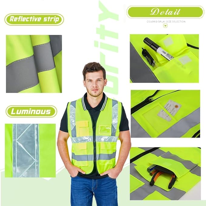 YOWESHOP High Reflective Visibility Safety Vest Custom Your Logo Safety Workwear with Reflective Strips and Front Zipper