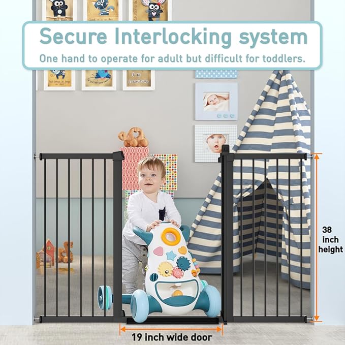 38.5" Extra Tall Dog Gate 76.38"-79.13" Wide - Long Large Pressure Mounted Baby Gates with Door for The House Stairs Doorways - Walk Through Toddler Puppy Pet Safety Fence Gate Black