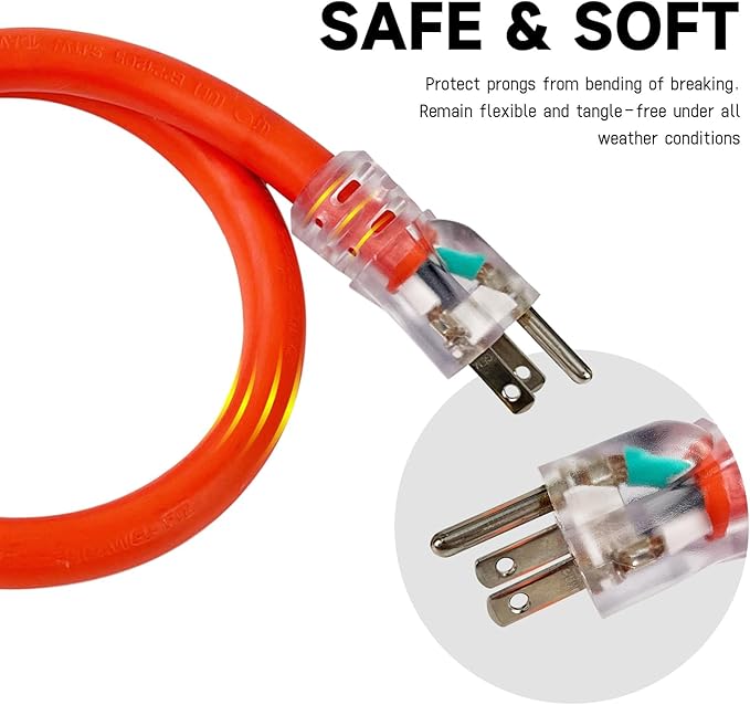 EP 50 Ft Lighted Outdoor Extension Cord - 10/3 SJTW Heavy Duty Orange Extension Cable with 3 Prong Grounded Plug for Safety, UL Listed