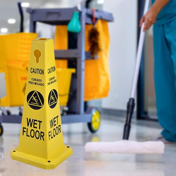 26.5" Caution Cones, 4-Sided Visible Safety Signs with Heavy Rubber Base, Warning for Slip & Fall Prevention, Indoor/Outdoor Use (4, Wet Floor Caution-Yellow, 26.5 inch)