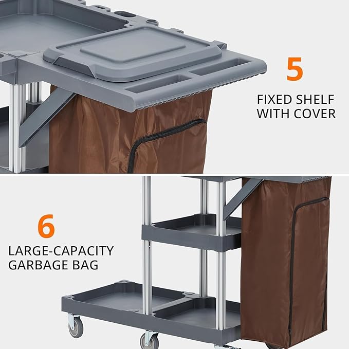 Commercial Cleaning Cart with Wheels, 3-Tier Janitorial Cart with Trash Bag and Cover, 300 lbs Capacity Heavy-Duty Rolling Caddy for Hotel Housekeeping, Hospital, School