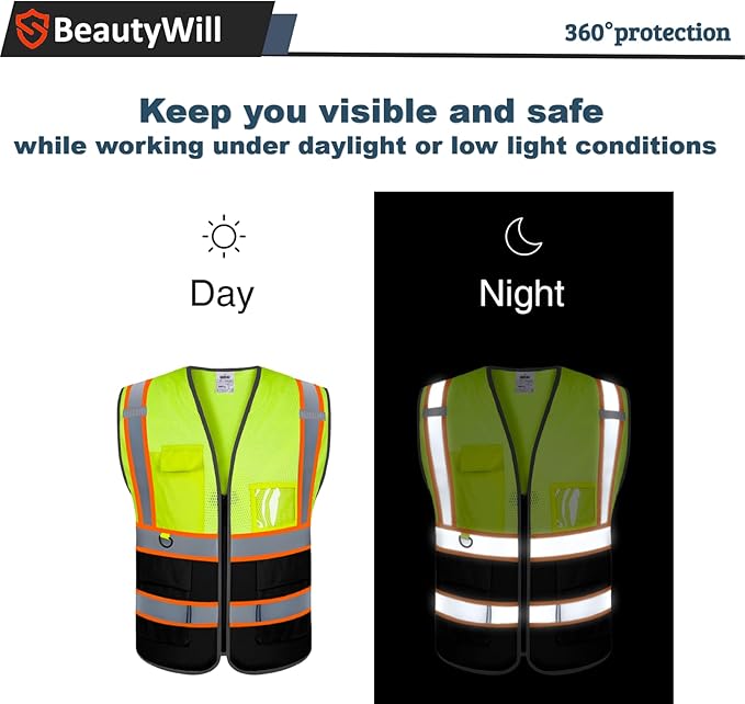 BeautyWill 5 Pack Custom Mesh Safety Vest Customized Logo Class2 High Visibility Reflective Vest with Pockets Construction workwear（Yellow Black，4XL ）