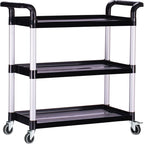 Plastic Utility Carts with Wheels, Heavy Duty 510lbs Capacity Rolling Service Cart, 3-Tier Restaurant Food Cart with Hammer for Office, Warehouse, Garage (Lockable Wheels, Black)