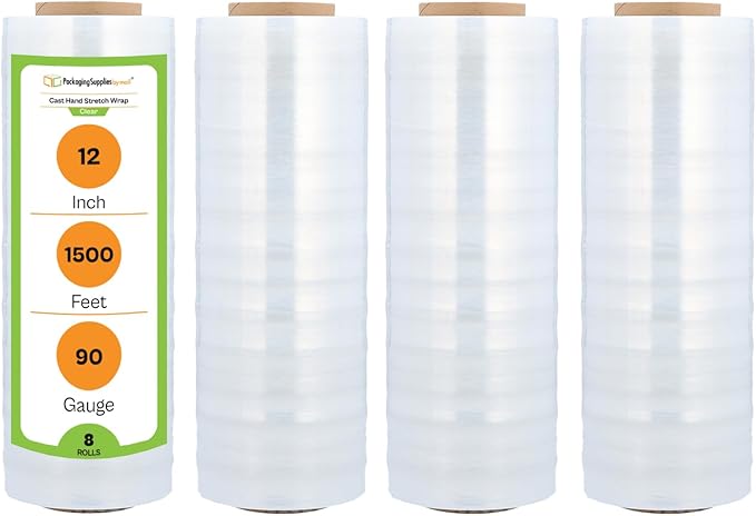PSBM Stretch Wrap, 8 Pack, 12 Inch x 1500 Feet, 90 Gauge, Clear Plastic Cling, Cast Hand Stretch Film Rolls for Packaging Moving Packing Pallets