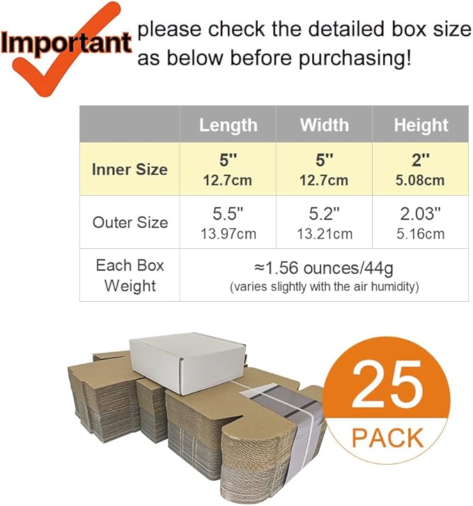 5x5x2'' Corrugated Mailers, 25 Pack, Cardboard Shipping Boxes, White (CM552-25)