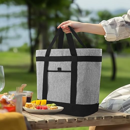 Insulated Cooler Bag, 1PK Insulate Tote Bag for Grocery Shopping, Cooler Bags Insulated for Travel/Picnic, Pizza/Food Delivery Bag to Keep Food Cold/Hot (Cationic Cloth, Non-Waterproof, Grey)