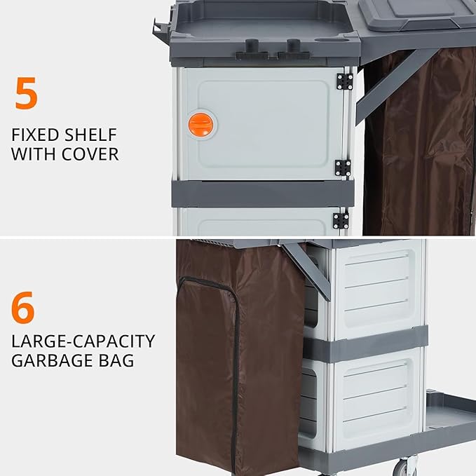 3-Shelf Commercial Janitorial Cart with Wheels - 2 Lockable Cabinets, Oxford Bag & Dust Cover, Sturdy Rolling Housekeeping Cart for School/Hotel/Apartment