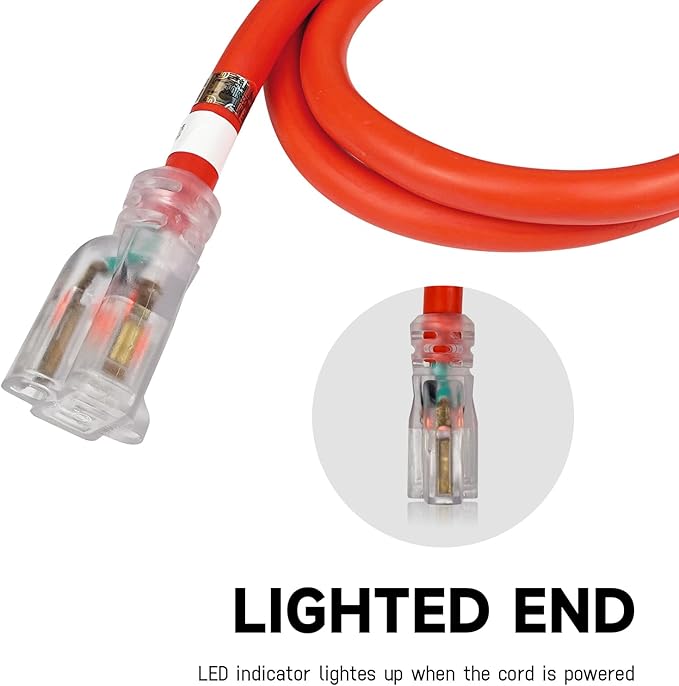 EP 25 Ft Lighted Outdoor Extension Cord - 10/3 SJTW Heavy Duty Orange Extension Cable with 3 Prong Grounded Plug for Safety, UL Listed