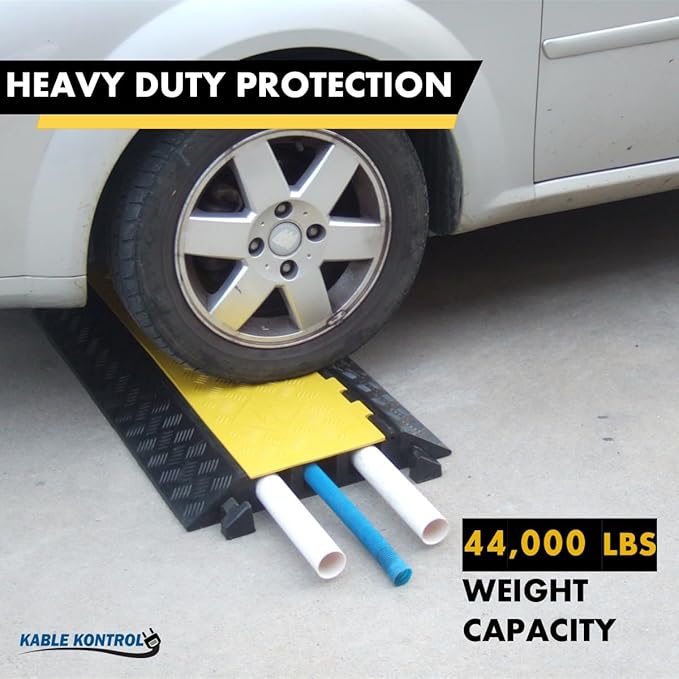 Kable Kontrol Atlas Heavy Duty Cable Protector Ramp - 3 Channel - 1 Pc - 36” Long Black & Yellow – 44000 Lbs Capacity - Rubber Speed Bump Wire Protector Cord Cover – CP9986