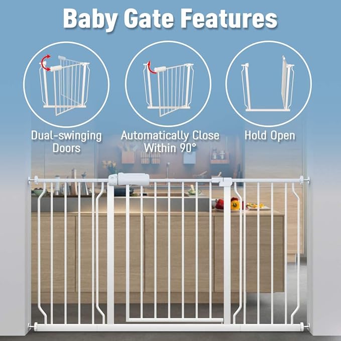 ALLAIBB Extra Wide Baby Gate Pressure Mount Auto Close White Metal Child Dog Pet Safety Gates with Walk Through for Stairs,Doorways,Kitchen and Living Room(71.65-76.38"/182-194cm)