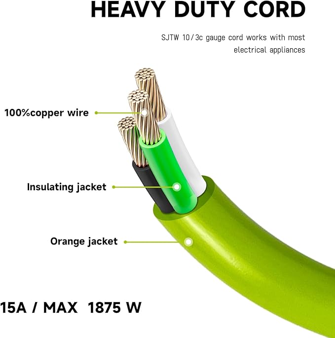 EP 30 Ft Lighted Outdoor Extension Cord - 10/3 SJTW Heavy Duty Green Extension Cable with 3 Prong Grounded Plug for Safety, UL Listed