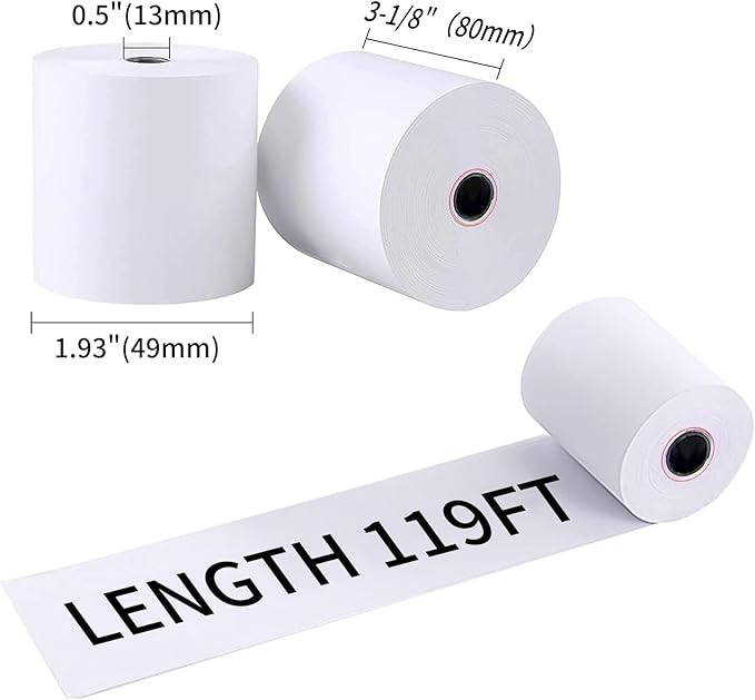 3-1/8" x 119' Thermal Receipt Paper, Pos Receipt Paper, Cash Register Rolls, Receipt Roll for 80mm Thermal POS Printer, 10 Rolls