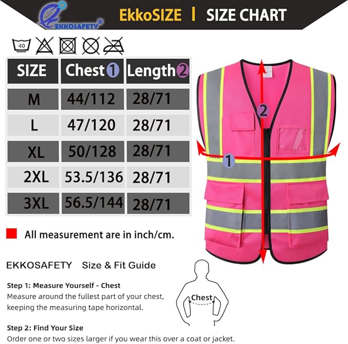 Reflective Safety Vest for Men Women,5 Pockets High Visibility Construction Work Vest with Zipper Front,Meets ANSI/ISEA Standards(EK175-Pink-M)