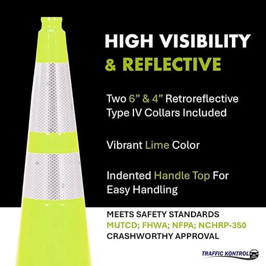 24 Pack 28" Inch Lime Traffic Safety Cones with Dual Reflective Collars - High Visibility Industrial Pylons Traffic Cones for Road, Parking Lots, Driving, Construction
