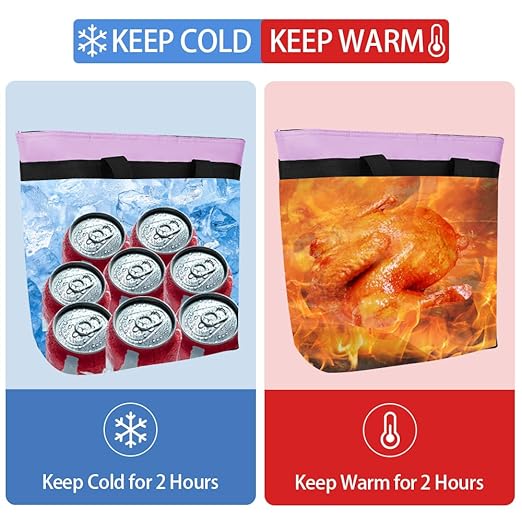 Insulated Reusable Tote Bag for Grocery Shopping for Women/Men, Pizza/Food Delivery Bag to Keep Food Cold/Hot for Commercial Delivery Services, Cooler bags for Travel/Beach/Picnic, Lavender