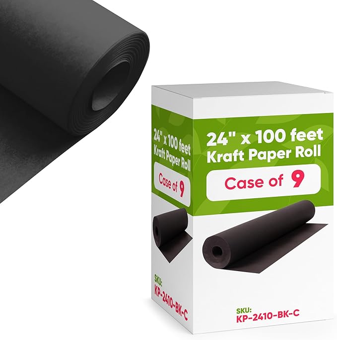 24" x 1200" (100 ft) Black Kraft Paper (Case of 9 Rolls), 45 lbs Thickness, Made in USA Kraft Paper for School, Art Colored Paper, Gift Wrapping Paper, Packing Paper for Moving