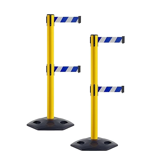 Crowd Control Warehouse CCW Set of 2 Retractable Dual Belt Stanchion Safety Barrier, Heavy-Duty Rubber Base Yellow Post, WBB-200D (7.5 Foot Belt, Blue and White Diagonal Belt)
