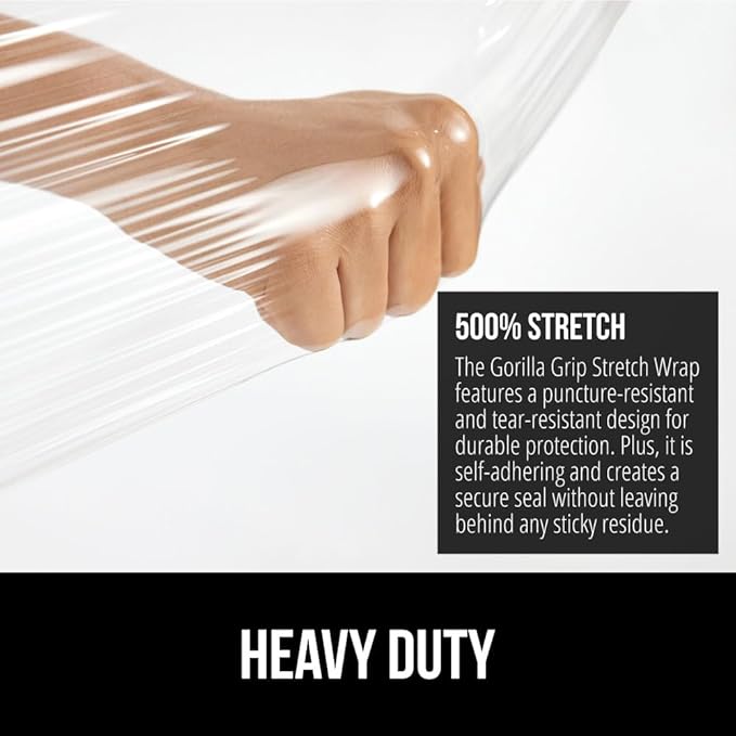 GORILLA GRIP 500% Stretch Film Heavy Duty Plastic, 500ft Shrink Wrap Roll 17" Puncture Resistant, Industrial Strength for Shipping, Pallet Storing, Moving, Packing Furniture Protection 1 Pack Clear