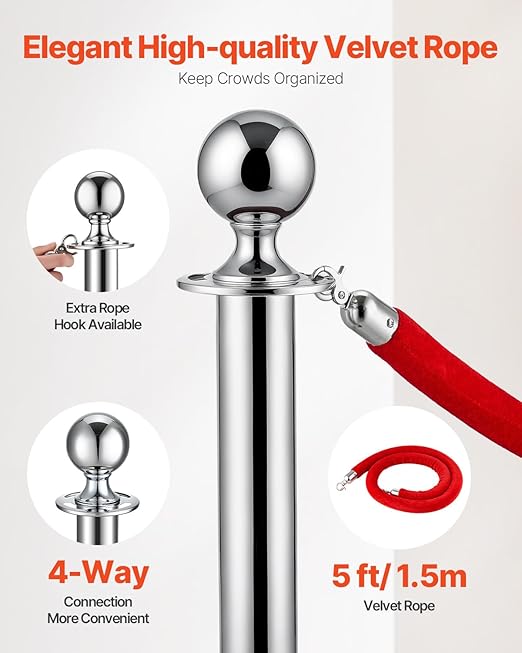 VEVOR Stanchions and Velvet Ropes 4Pcs, Hollow Base with Stainless Steel Post, 2 Red Velvet Ropes and Posts, Crowd Control Barriers Silver Stanchions, Red Carpet Runner Poles for Party Supplies