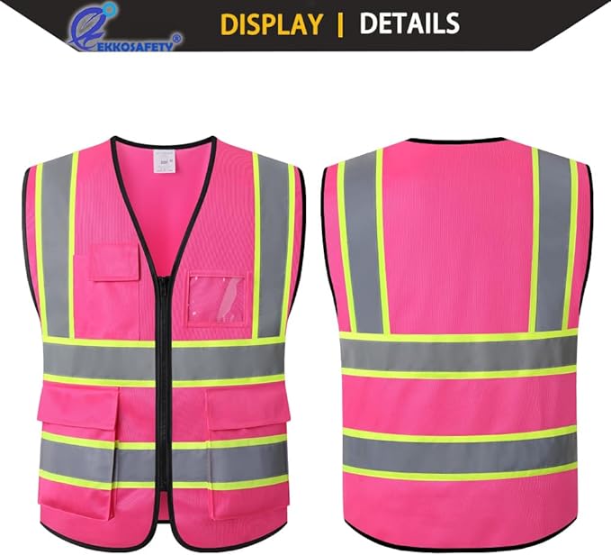 Pink High Visibility Safety Vest for Men Women with 5 Pockets and Zipper Hi Vis Construction Work Vest with Reflective Strips,Meets ANSI/ISEA Standards(EK175-Pink-XL)