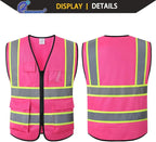 Pink High Visibility Safety Vest for Men Women with 5 Pockets and Zipper Hi Vis Construction Work Vest with Reflective Strips,Meets ANSI/ISEA Standards(EK175-Pink-XL)