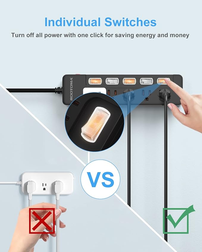 Black Appliance Extension Cord with Individual Switches on Off - 6 FT, 14 Gauge Heavy Duty Extension Cord with 5 AC Outlets, Wall Mountable, High Wattage for Microwave Workbench Garage Must Have, ETL