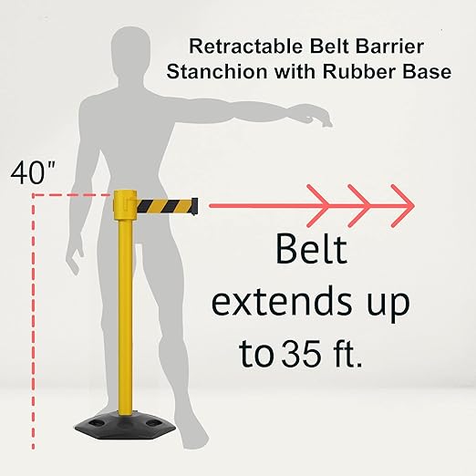 Montour Line MSR760 Set of 2 Retractable Belt Barrier Stanchion, Rubber Base, Yellow Post (35 ft Maroon Belt)