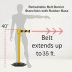 Montour Line MSR760 Set of 2 Retractable Belt Barrier Stanchion, Rubber Base, Yellow Post (35 ft Black with"Please Wait HERE" White Letters Belt)