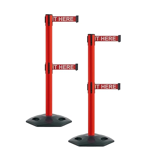 Montour Line MSR630D Set of 2 Retractable Belt Barrier Stanchion, Heavy-Duty Rubber Base, Red Post (7.5 ft Red with"Please Wait HERE" White Letters Dual Belt)