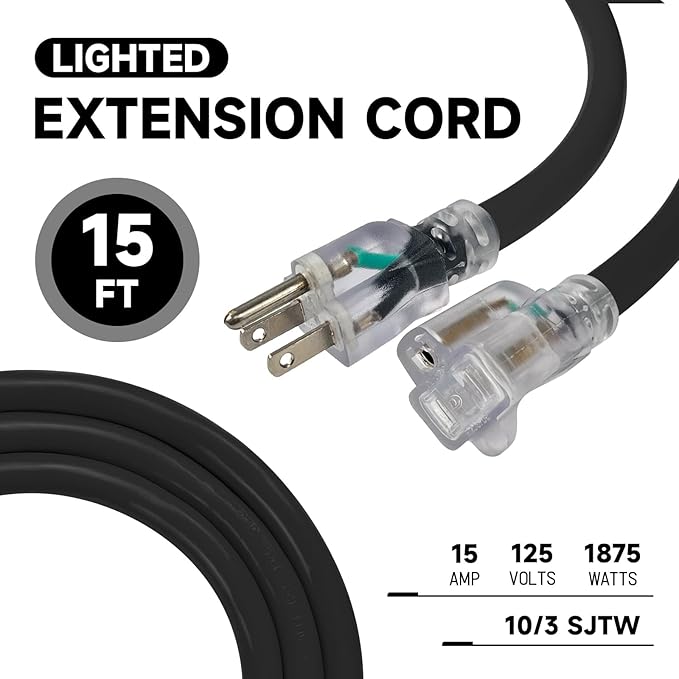 EP 15 Ft Lighted Outdoor Extension Cord - 10/3 SJTW Heavy Duty Black Extension Cable with 3 Prong Grounded Plug for Safety, UL Listed