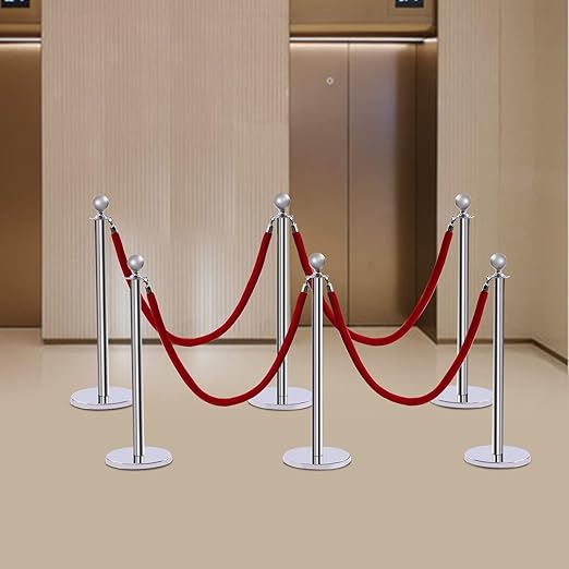 6 PCS Stanchions and Velvet Ropes Set, Hollow Base with Stainless Steel Post&4 Red Velvet Ropes, Crowd Control Barriers for Party Supplies, High-end Venues, Museums