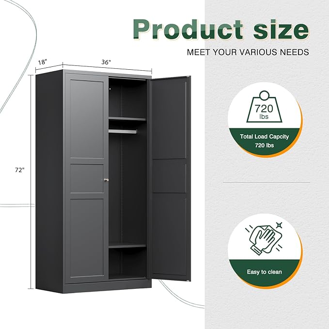Letaya Wardrobe Armoire Closet,72" H Metal Storage Cabinet with Adjustable Shelves and Hanging Rod,Bedroom Armoire Cabinet Clothes Organizer (Black)