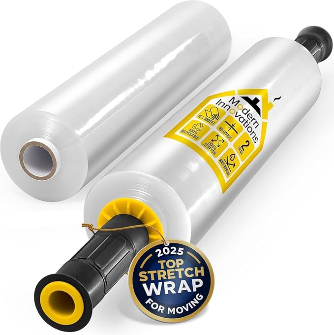 Modern Innovations 15 Inch Clear Stretch Wrap Roll with Handles (2 Rolls-2000 Feet) Heavy Duty Shrink Wrap for Moving, Packing Supplies for Wrapping Furniture, Industrial Plastic Pallet Cling