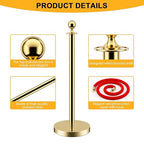 LOVMOR Stainless Steel Stanchion Post, 5 FT Red Carpet Ropes and Poles, 4 pcs Gold Stanchions with Red Rope, Hollow Base and Velvet Ropes Safety Barriers Set, Carpet Runner for Party