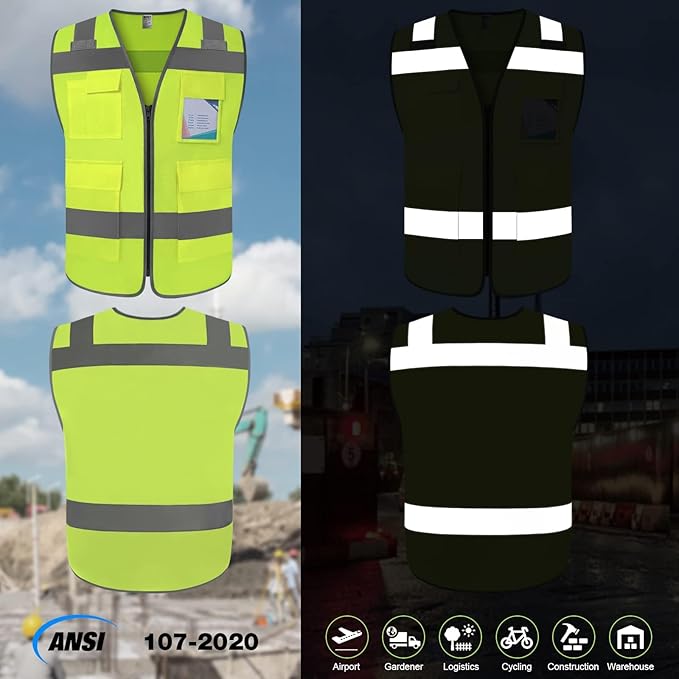 TCCFCCT Construction Vest 5 Pockets Reflective Safety Vest for Men Women, High Visibility Work Vest with Tabs for Walkie-talkie, Durable to Use, Meets ANSI/ISEA, T5-Yellow, S